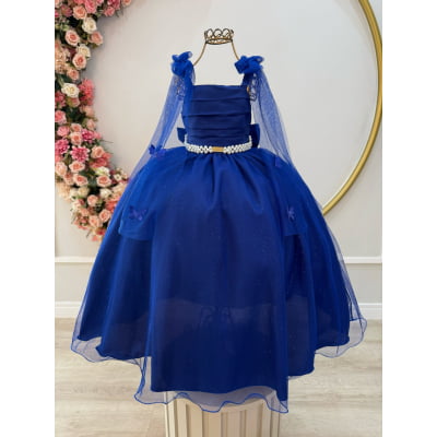 Vestido Infantil Longo Azul Royal C/ Aplique Borboletas Festas