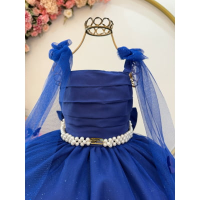 Vestido Infantil Longo Azul Royal C/ Aplique Borboletas Festas