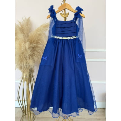 Vestido Infantil Longo Azul Royal C/ Aplique Borboletas Festas