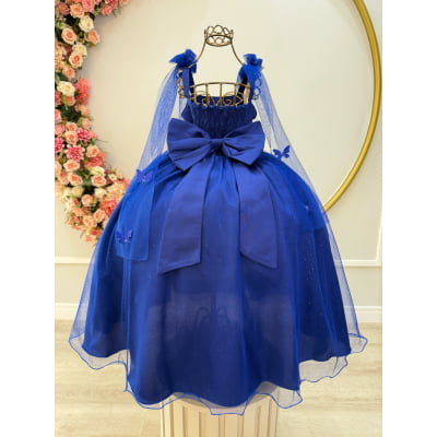 Vestido Infantil Longo Azul Royal C/ Aplique Borboletas Festas