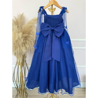 Vestido Infantil Longo Azul Royal C/ Aplique Borboletas Festas