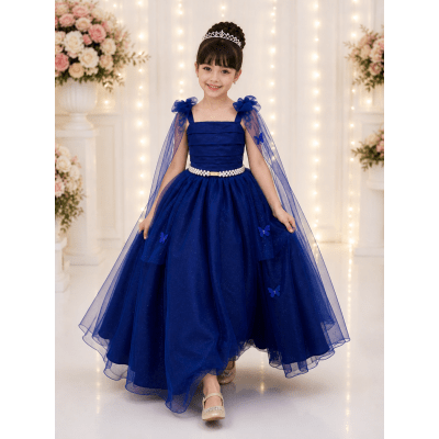 Vestido Infantil Longo Azul Royal C/ Aplique Borboletas Festas