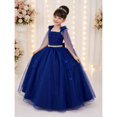 Vestido Infantil Longo Azul Royal C/ Aplique Borboletas Festas