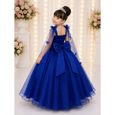 Vestido Infantil Longo Azul Royal C/ Aplique Borboletas Festas