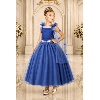 Vestido Infantil Longo Azul Royal C/ Aplique Borboletas Festas