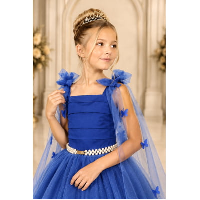 Vestido Infantil Longo Azul Royal C/ Aplique Borboletas Festas