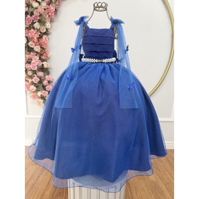 Vestido Infantil Longo Azul Royal C/ Aplique Borboletas Festas