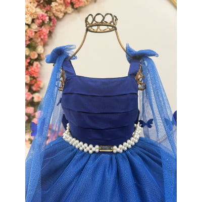 Vestido Infantil Longo Azul Royal C/ Aplique Borboletas Festas