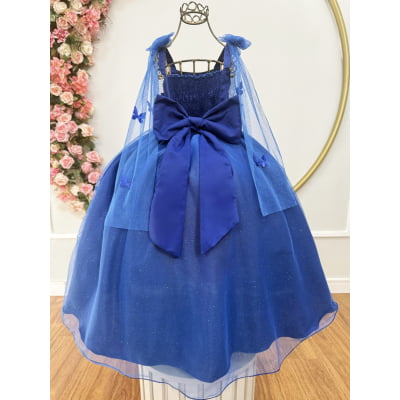 Vestido Infantil Longo Azul Royal C/ Aplique Borboletas Festas