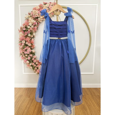 Vestido Infantil Longo Azul Royal C/ Aplique Borboletas Festas