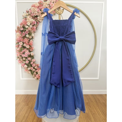 Vestido Infantil Longo Azul Royal C/ Aplique Borboletas Festas