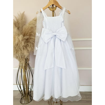 Vestido Infantil Longo Branco Aplique de Borboletas Festas Luxo