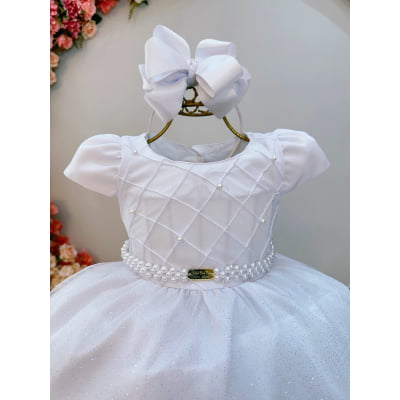 Vestido Infantil Longo Branco Busto Nervura Daminhas Festas