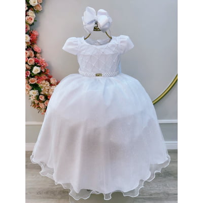 Vestido Infantil Longo Branco Busto Nervura Daminhas Festas