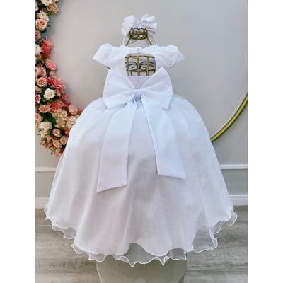 Vestido Infantil Longo Branco Busto Nervura Daminhas Festas