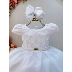 Vestido Infantil Longo Branco Busto Nervura Festas Daminhas