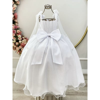 Vestido Infantil Longo Branco C/ Aplique de Borboletas Festas