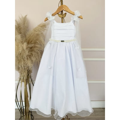 Vestido Infantil Longo Branco C/ Aplique de Borboletas Festas