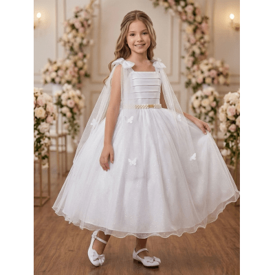 Vestido Infantil Longo Branco C/ Aplique de Borboletas Festas