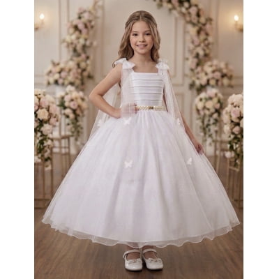 Vestido Infantil Longo Branco C/ Aplique de Borboletas Festas