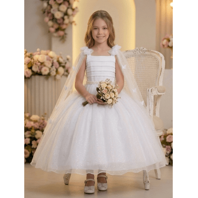 Vestido Infantil Longo Branco C/ Aplique de Borboletas Festas