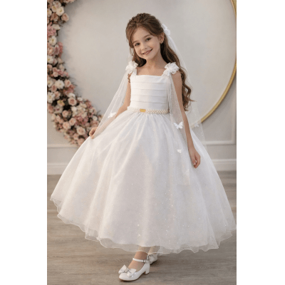 Vestido Infantil Longo Branco C/ Aplique de Borboletas Festas