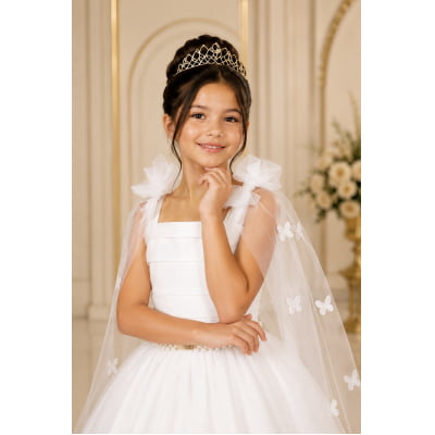 Vestido Infantil Longo Branco C/ Aplique de Borboletas Festas