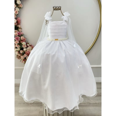Vestido Infantil Longo Branco C/ Aplique de Borboletas Festas