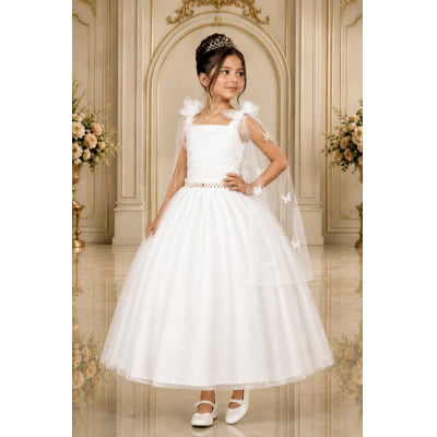 Vestido Infantil Longo Branco C/ Aplique de Borboletas Festas