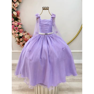 Vestido Infantil Longo Lilás Aplique Borboletas Festas Dama Luxo