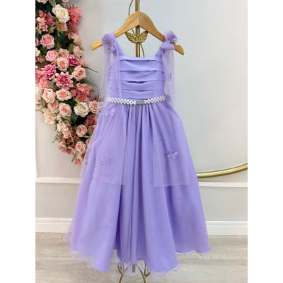 Vestido Infantil Longo Lilás Aplique Borboletas Festas Dama Luxo