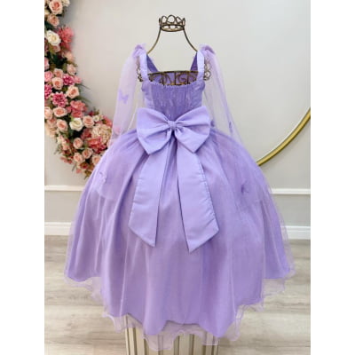 Vestido Infantil Longo Lilás Aplique Borboletas Festas Dama Luxo