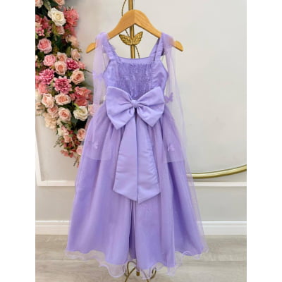Vestido Infantil Longo Lilás Aplique Borboletas Festas Dama Luxo