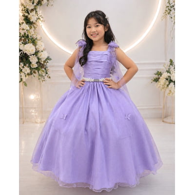 Vestido Infantil Longo Lilás Aplique Borboletas Festas Dama Luxo