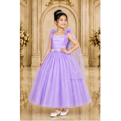 Vestido Infantil Longo Lilás Aplique Borboletas Festas Dama Luxo Vestido Infantil Longo Lilás Aplique Borboletas Festas Dama Luxo