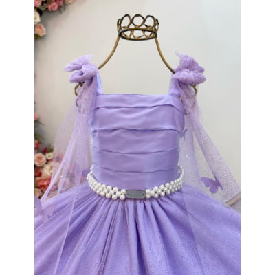 Vestido Infantil Longo Lilás Aplique Borboletas Festas Dama Luxo