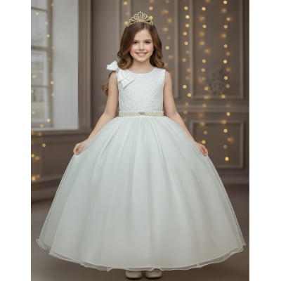 Vestido Infantil Longo Marfim Busto Renda Festas Damas Luxo