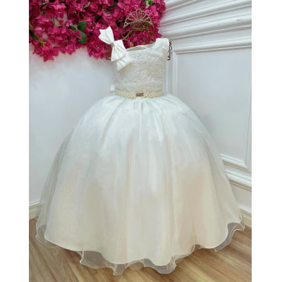 Vestido Infantil Longo Marfim Busto Renda Festas Damas Luxo