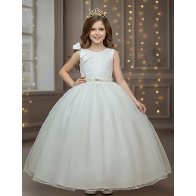 Vestido Infantil Longo Marfim Busto Renda Festas Damas Luxo