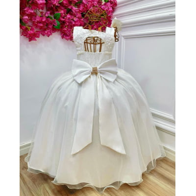 Vestido Infantil Longo Marfim Busto Renda Festas Damas Luxo