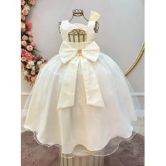 Vestido Infantil Longo Marfim Busto Renda Festas Daminhas