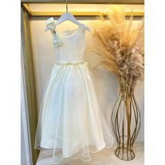 Vestido Infantil Longo Marfim Busto Renda Festas Daminhas