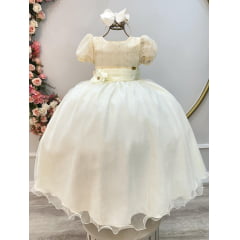 Vestido Infantil Longo Marfim C/ Broche Flor Daminhas Festas