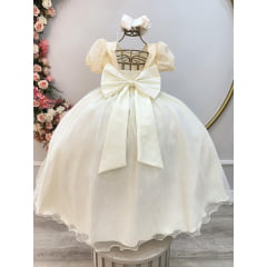 Vestido Infantil Longo Marfim C/ Broche Flor Daminhas Festas