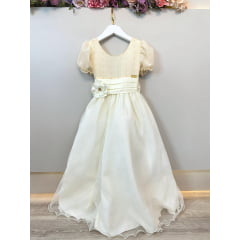 Vestido Infantil Longo Marfim C/ Broche Flor Daminhas Festas