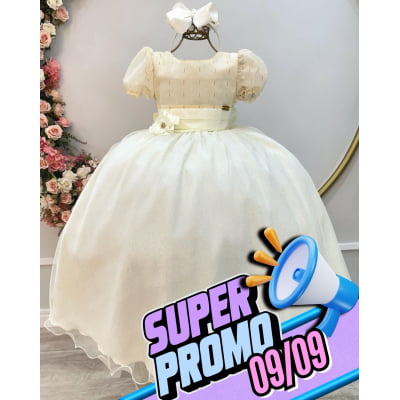 Vestido Infantil Longo Marfim C/ Broche Flor Daminhas Festas