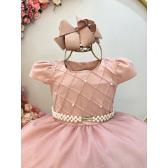 Vestido Infantil Longo Nude Busto Nervura Festas Daminha