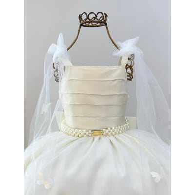 Vestido Infantil Longo Off White C/ Aplique Borboletas Festas