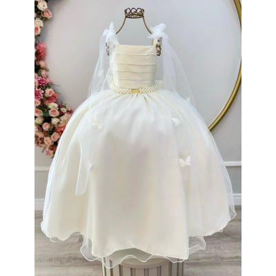 Vestido Infantil Longo Off White C/ Aplique Borboletas Festas Vestido Infantil Longo Off White C/ Aplique Borboletas Festas