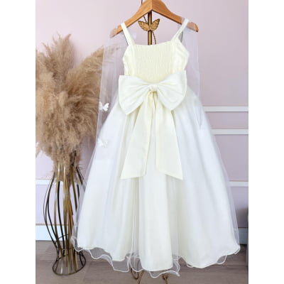 Vestido Infantil Longo Off White C/ Aplique Borboletas Festas